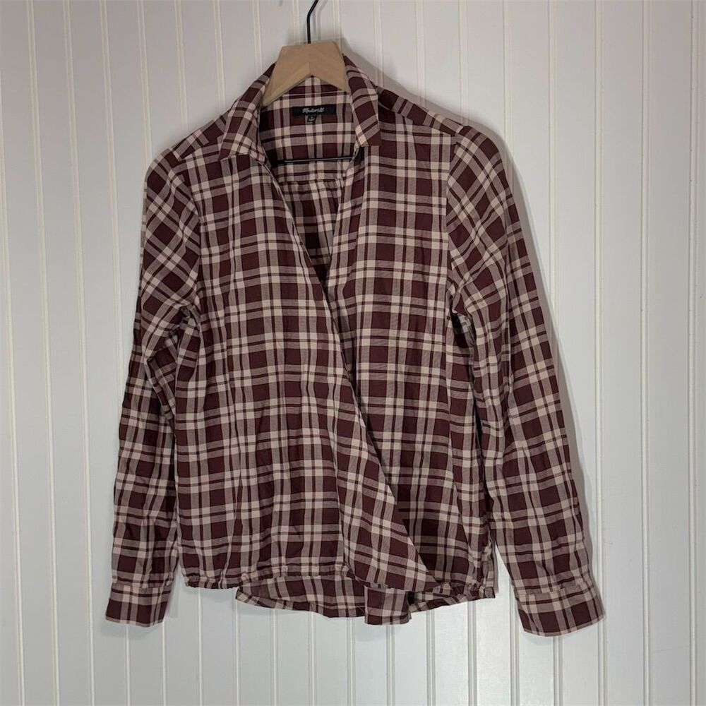 Madewell Women’s Plaid Shirt S Burgundy Cream Check Cotton Button‎ Down Grunge